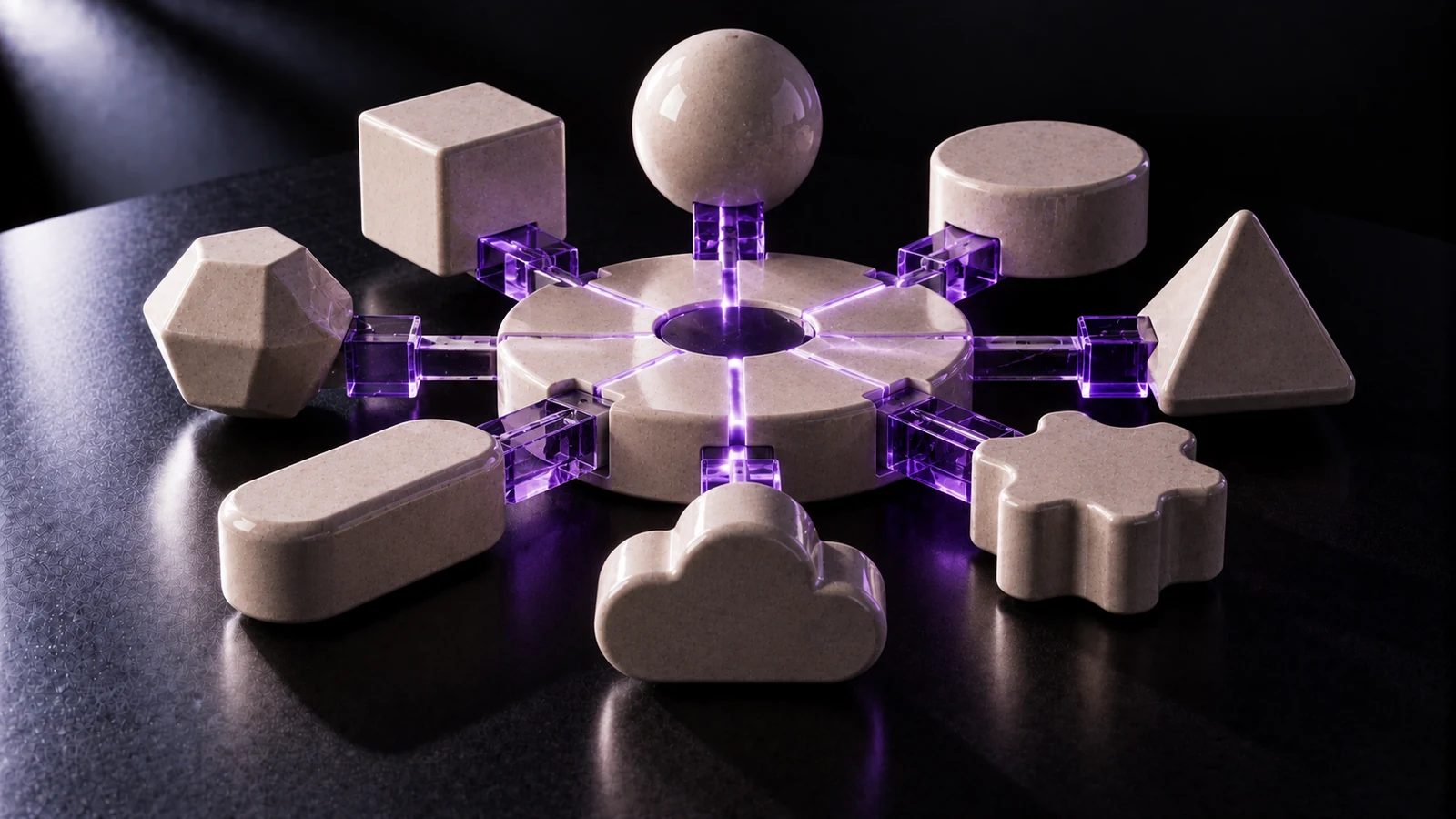 A 3D still life of interconnected white ceramic modules against a black background, with interchangeable components and a violet glass core symbolising interoperability between AI agents.