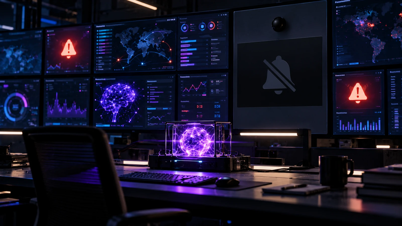 Control room with security screens, red warnings and a panel with the alarm muted, in front of an AI core lit in violet.