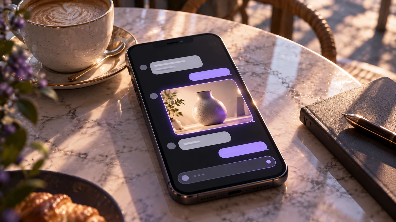 Conceptual illustration of an advertising campaign connecting an AI assistant with a commercial website.