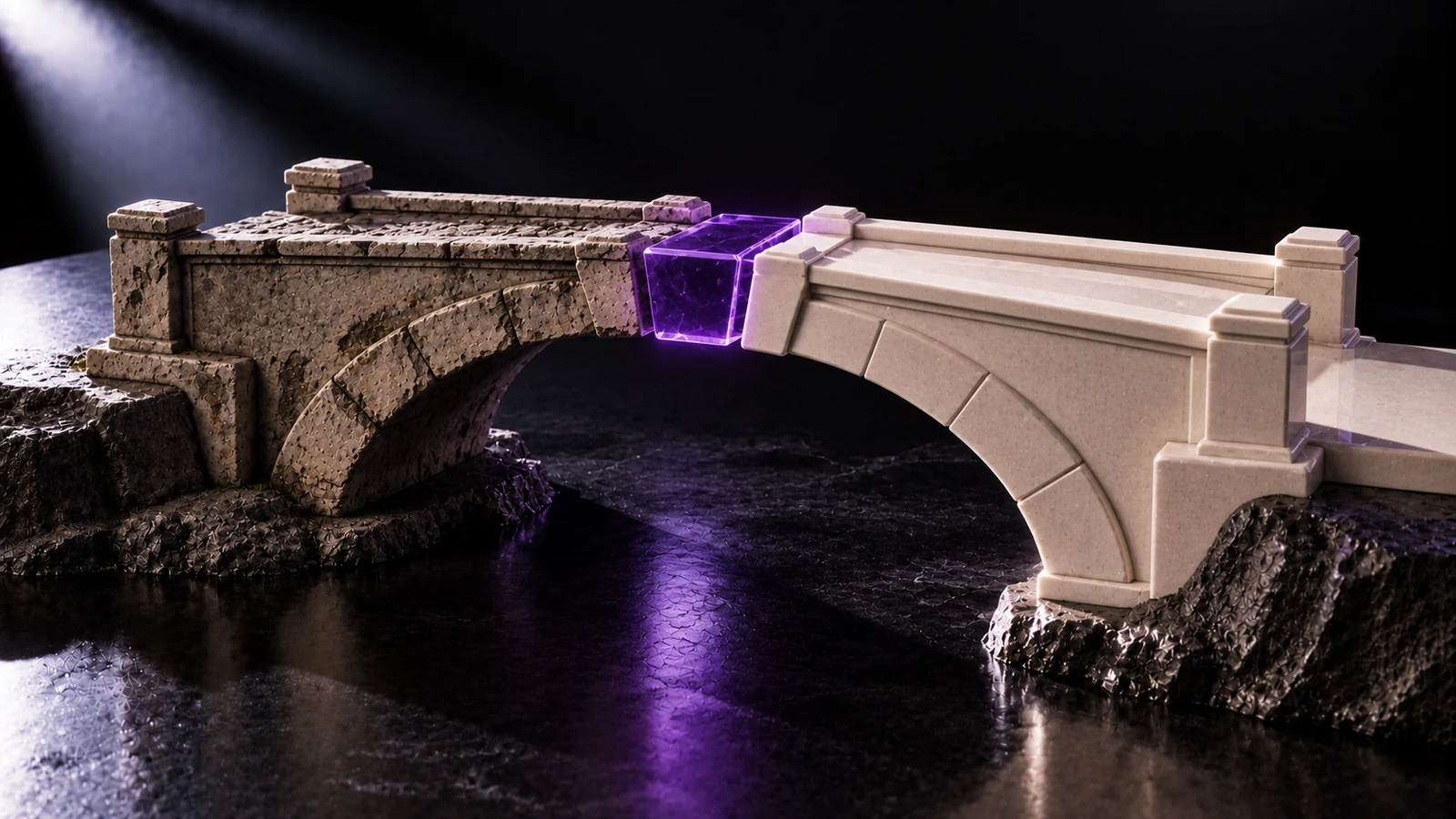 Bodegón 3D de bloques de cerámica blanca sobre fondo negro que representan versiones de una API, conectados mediante puentes geométricos y un núcleo de cristal violeta que simboliza una migración de software.