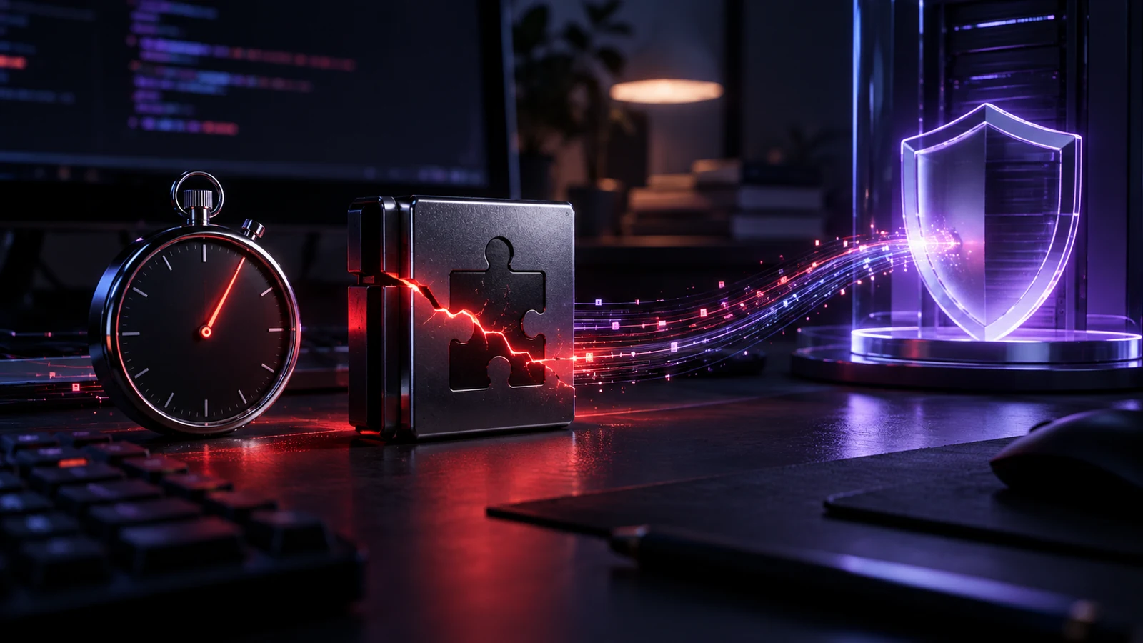 Conceptual illustration of a software product with cybersecurity alerts and vulnerability reporting notifications.