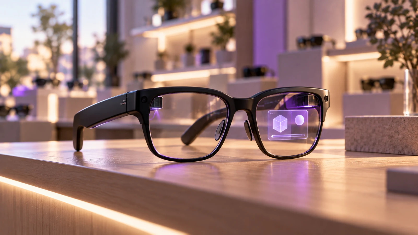 Smart glasses with a display showing a visual web interface in front of the wearer.