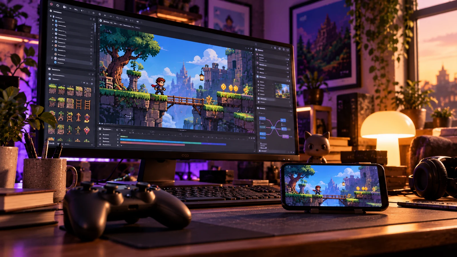 Developer desk with a monitor showing a pixel-art platformer in a game editor, a controller and the same game on a phone.