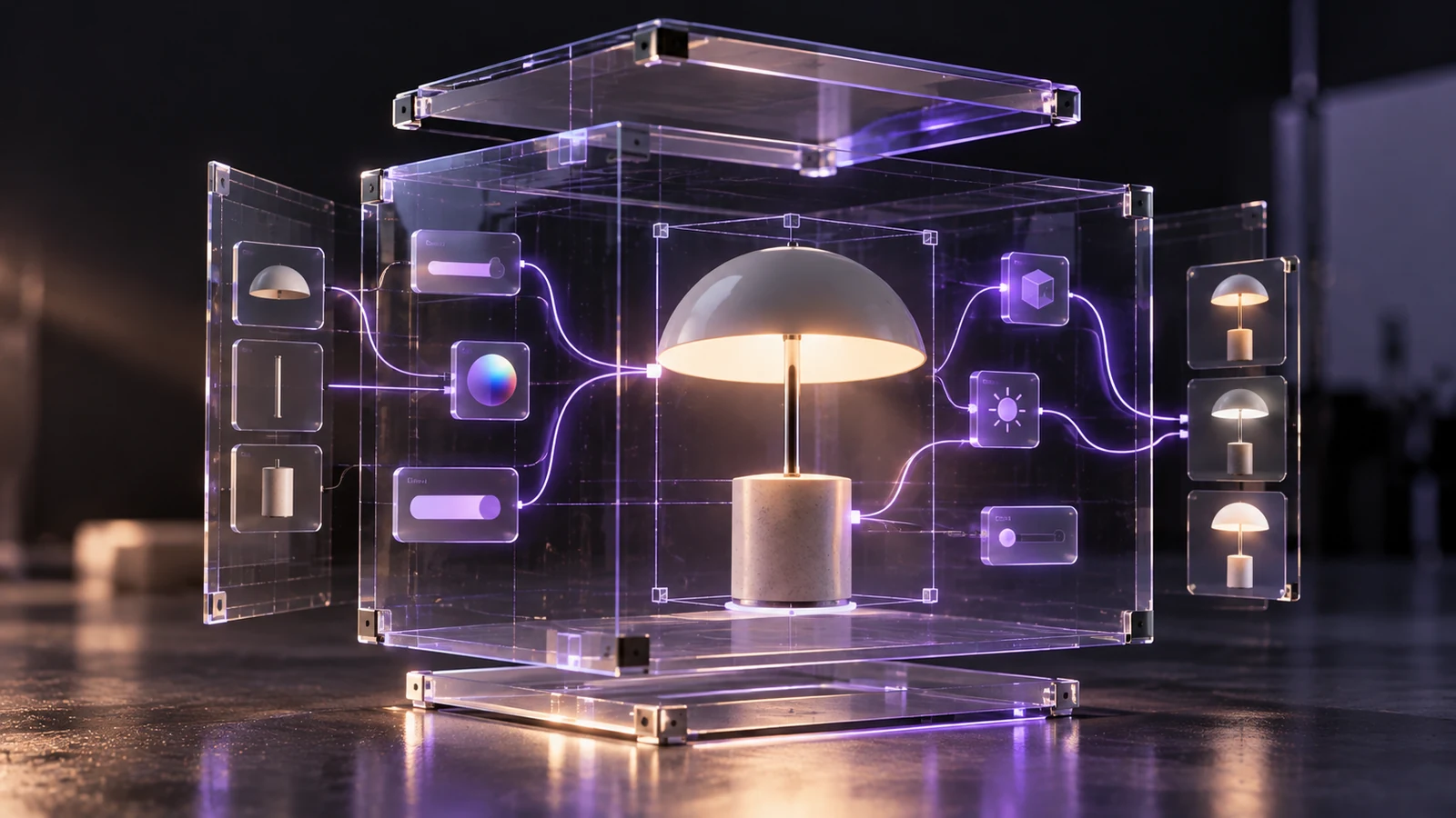 A 3D model alongside a node graph representing interactive logic embedded in a glTF file.
