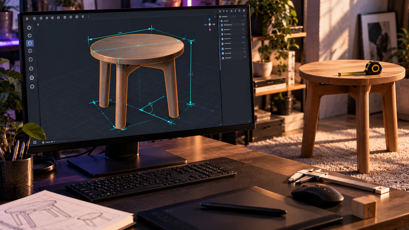 Monitor showing a 3D model of a side table with dimension lines over the grid, and the real table beside it with a tape measure on top.