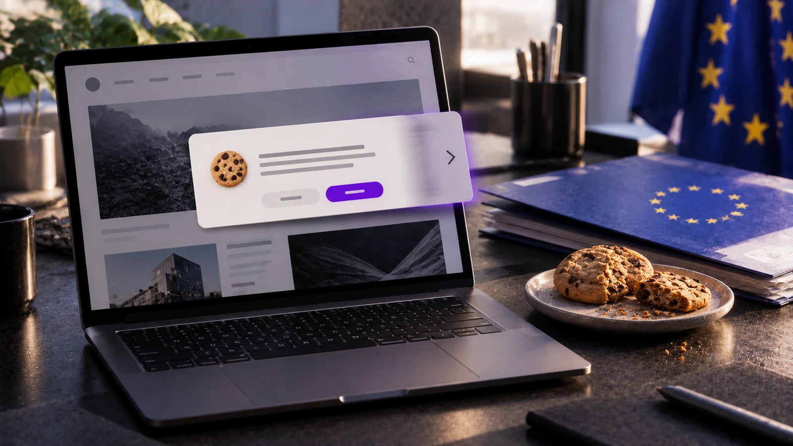 Laptop showing a website with a sliding cookie notice, next to a plate of cookies and a folder with the EU flag.