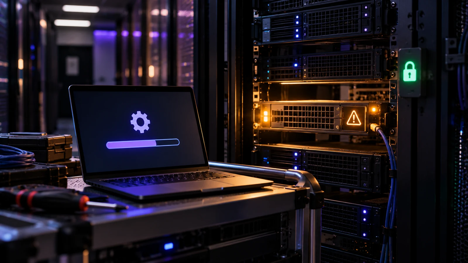 Server rack in a data centre with one unit lit in amber while it is updated from a laptop.