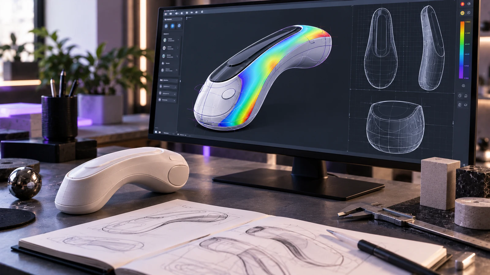 Monitor showing a smooth product model with colour curvature analysis, next to the printed prototype and sketches on the desk.