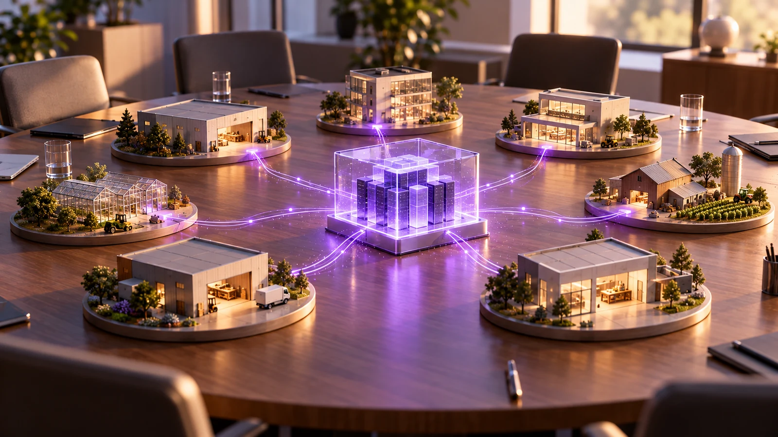 Conceptual illustration of business associations and technical teams collaborating on AI projects for small businesses.