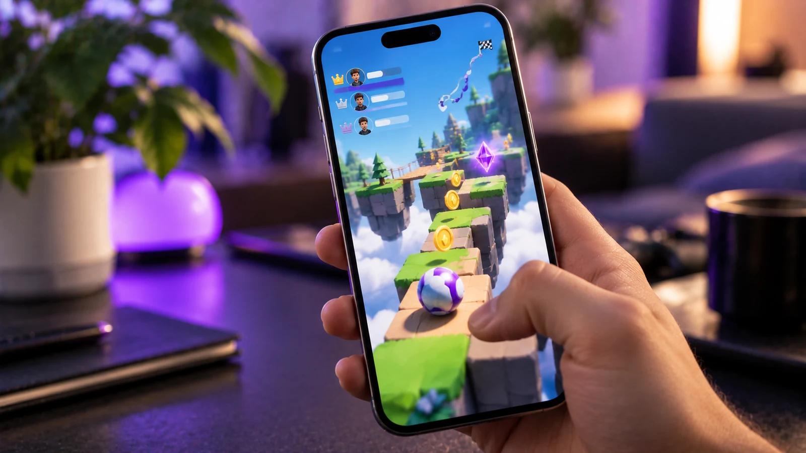 Mano sosteniendo un móvil en vertical con un minijuego 3D de plataformas flotantes y una pelota, con clasificación en pantalla.