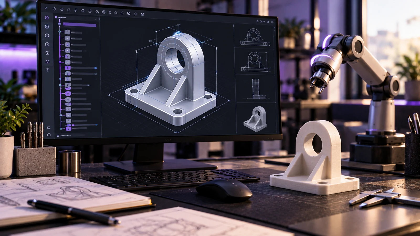 Monitor con un soporte mecánico en un programa de CAD paramétrico, la misma pieza impresa en 3D sobre la mesa y un brazo robótico al fondo.