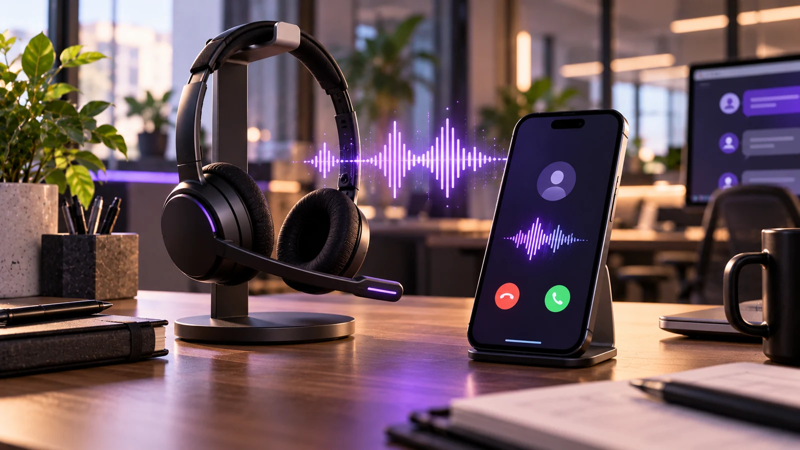 Headset on a stand and a phone with an incoming call, linked by a violet sound wave in an office.